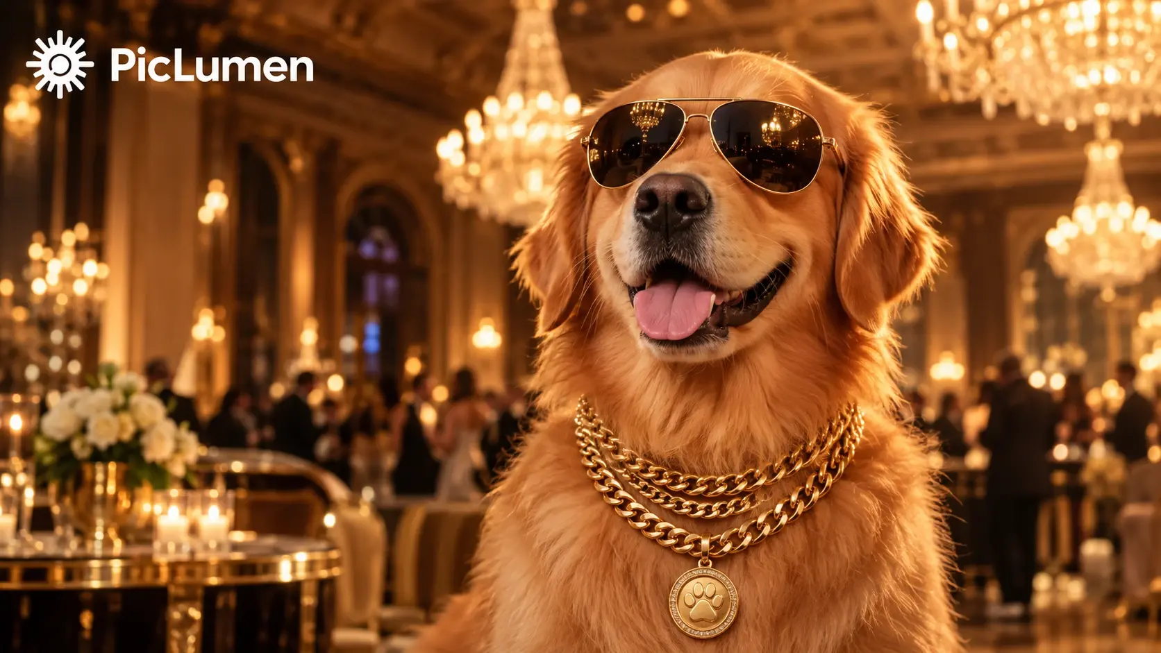 Golden Retriever in gold chains and sunglasses at a luxury party.